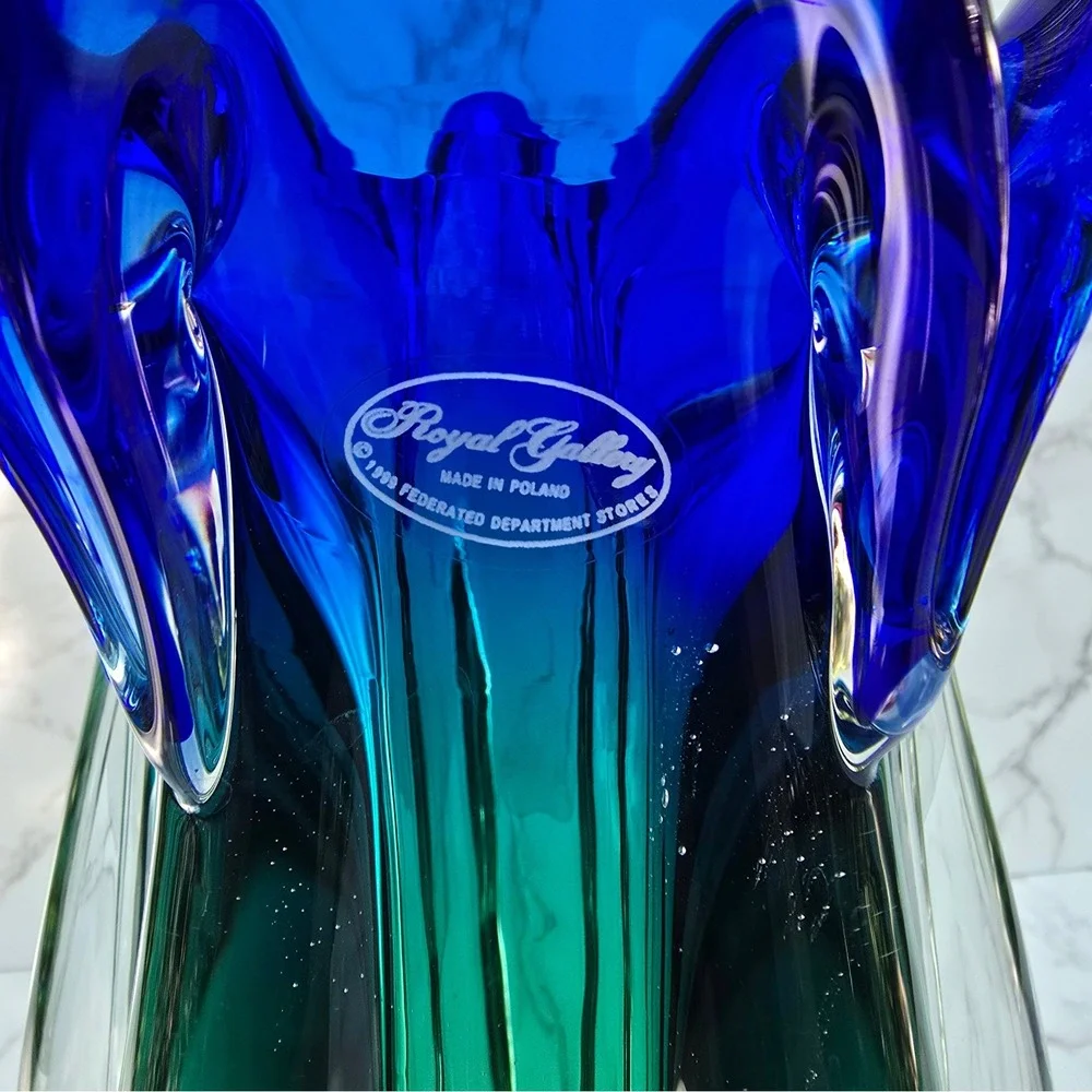 Royal Gallery Poland Art Glass Vase Blue Green Pulled Rim 1999 Federated 10 inch